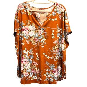 Floral Kimono-Style Blouse V-Neck Short Sleeve Lightweight No Size Tag